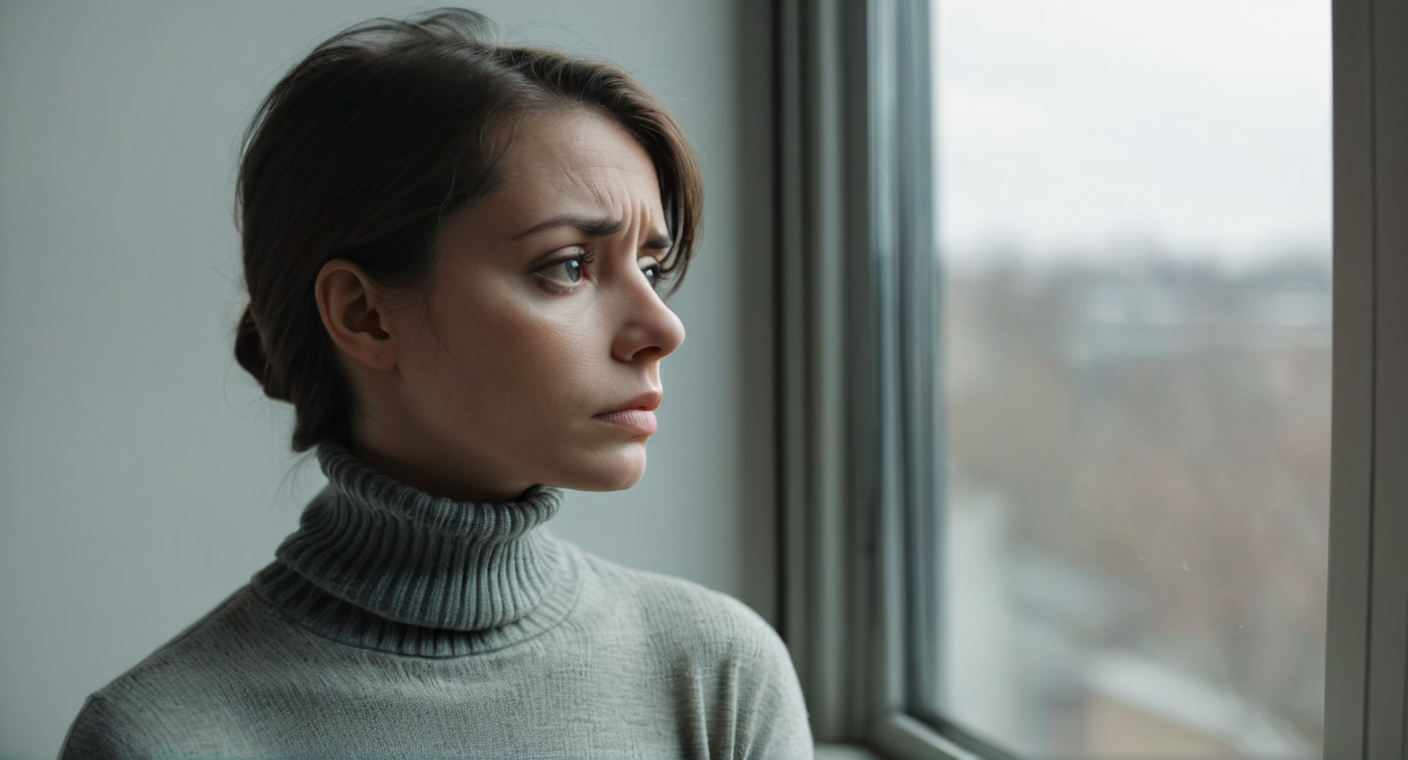 woman with anxiety, with no hope, facing to the left looking out the window, make the person look normal, wearing turtle neck