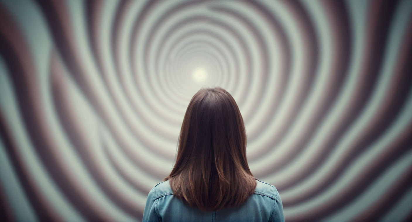 woman facing away, with hypnotic background